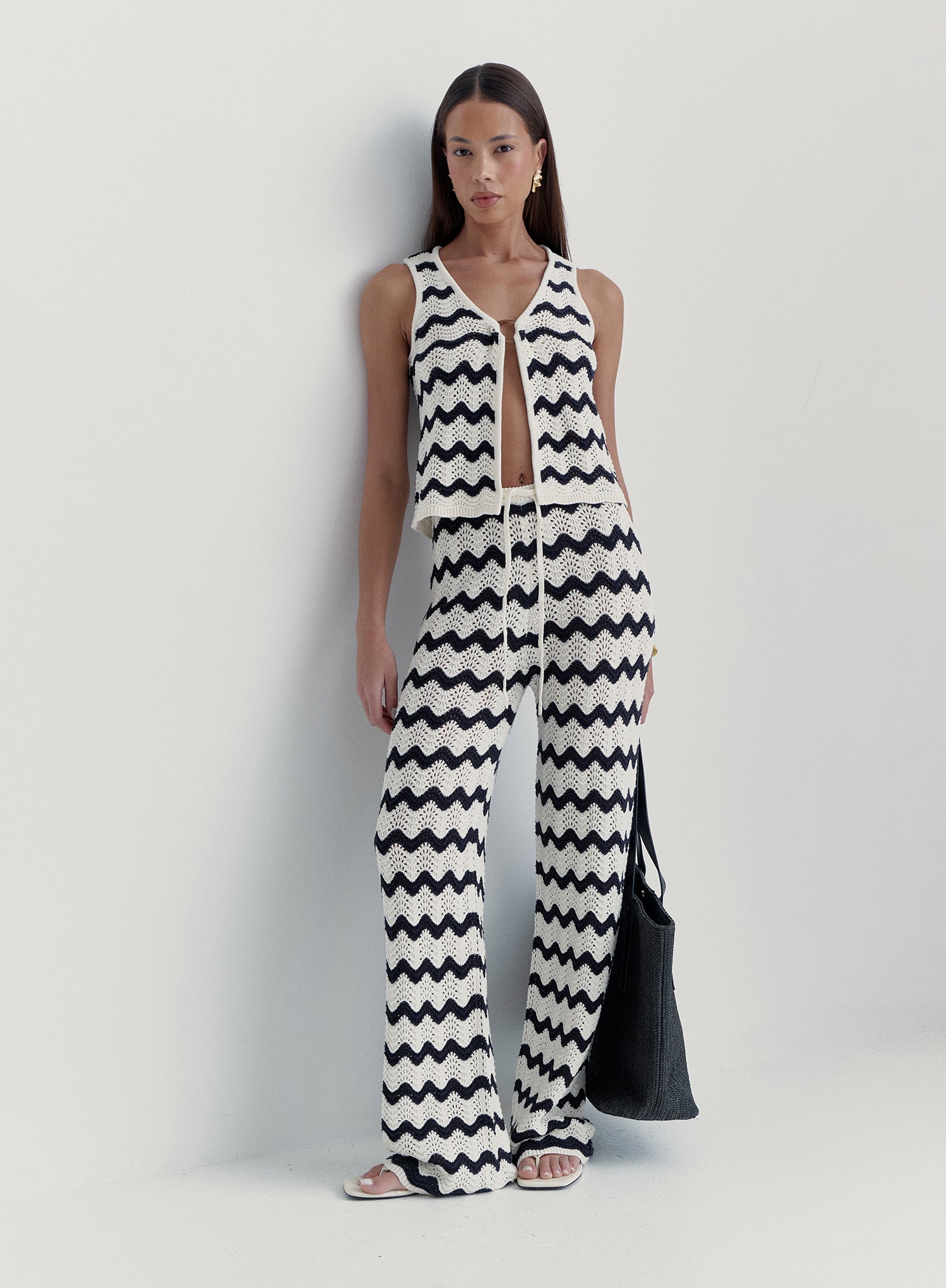 Navy And Cream Wave Crochet Trouser